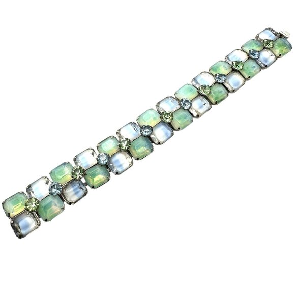 Kramer New York Jewelry - Vintage Kramer New York Blue Green Glass Rhinestone Silver Tone Bracelet 7 Inch